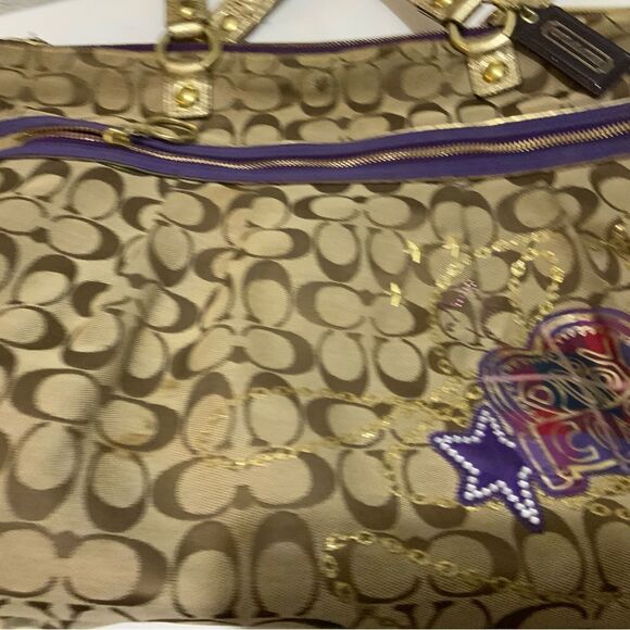 Coach Poppy Tartan Plaid Glam 15882 Shoulder Handbag Tote - Tan Purple Gold - Picture 10 of 16